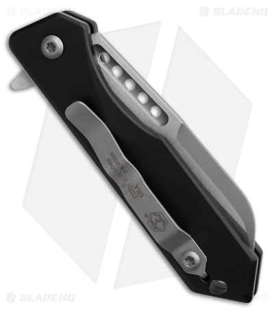 Heretic Jinn Button Lock Flipper Knife MagnaCut Black Aluminum (3" Battleworn)
