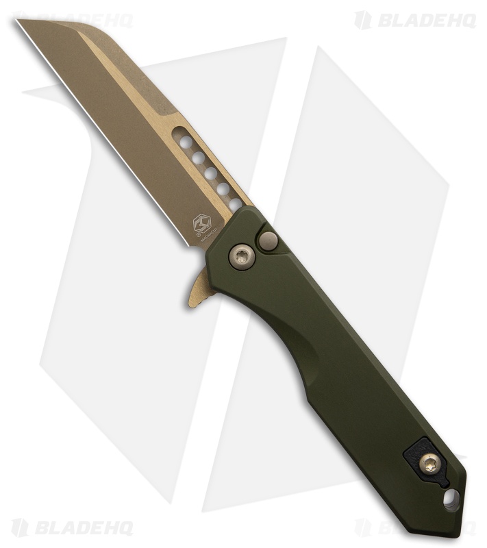 Heretic Jinn Button Lock Flipper Knife MagnaCut OD Green Aluminum (3" Bronze)
