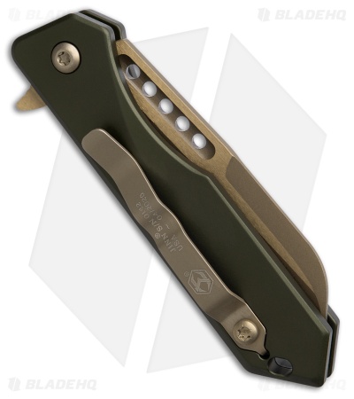 Heretic Jinn Button Lock Flipper Knife MagnaCut OD Green Aluminum (3" Bronze)