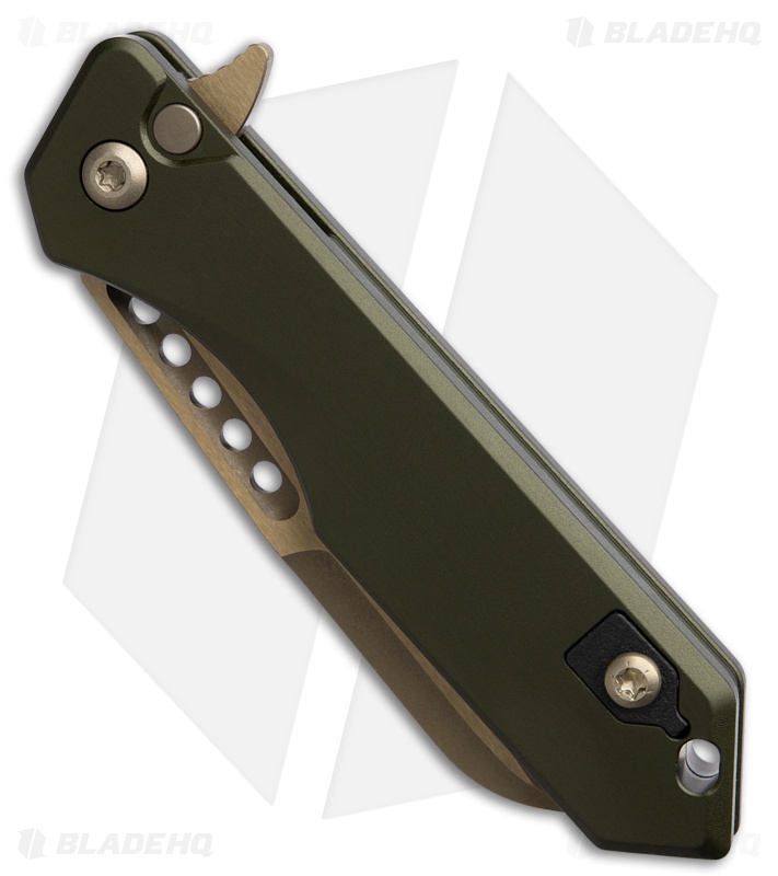 Heretic Jinn Button Lock Flipper Knife MagnaCut OD Green Aluminum (3" Bronze)