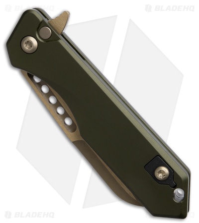 Heretic Jinn Button Lock Flipper Knife MagnaCut OD Green Aluminum (3" Bronze)