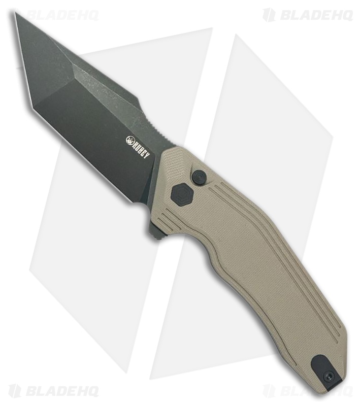 Kubey Yokai Button Lock Knife Tan G-10 Black Stonewash