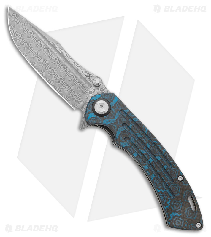 Kansept Knives Pretatout Knife Blue Rose Pattern CF Damascus