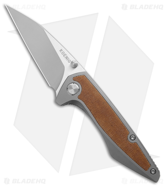 Koenig Mini Goblin Frame Lock-Thumb Stud TI + Tan Micarta (3" Burnished PF)