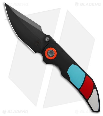 Poikilo Blade Casque Frame Lock Knife Black Ti Red/White/Blue Inlay (3.38" DLC)