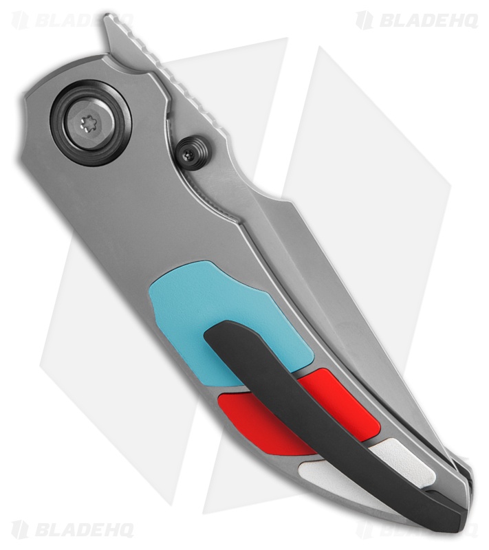 Poikilo Blade Casque Frame Lock Knife Titanium Red/White/Blue Inlay (3.38" PSW)