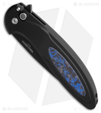 Pro-Tech Cambria 2 Button Lock Knife Black Al/Techno Carbo Blue Inlay (3.5" DLC)