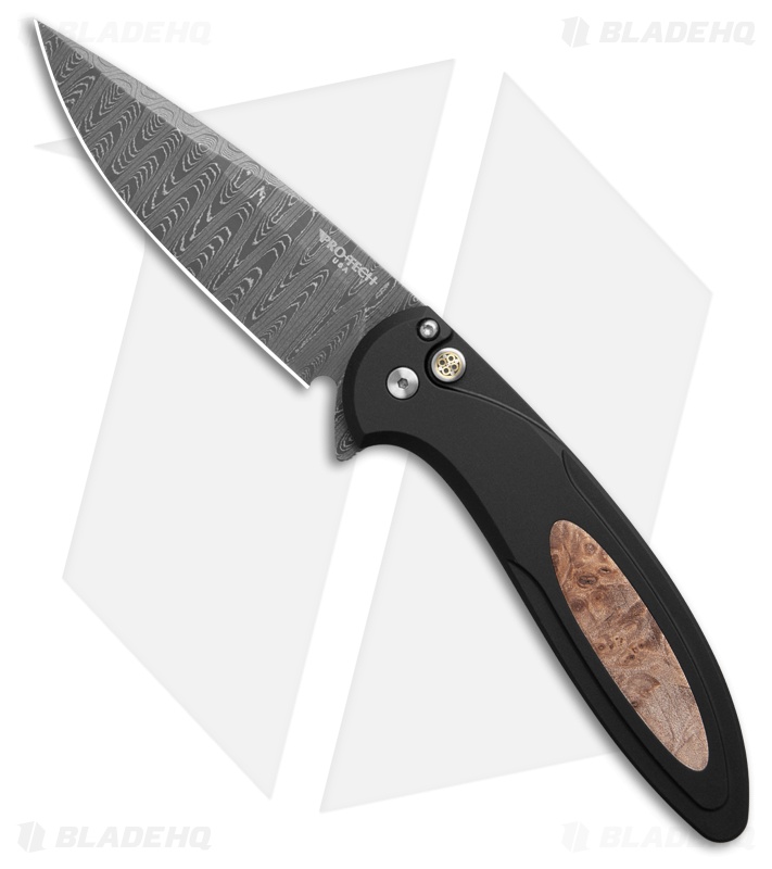 Pro-Tech Custom Cambria Knife Black Al + Maple Burl Damascus
