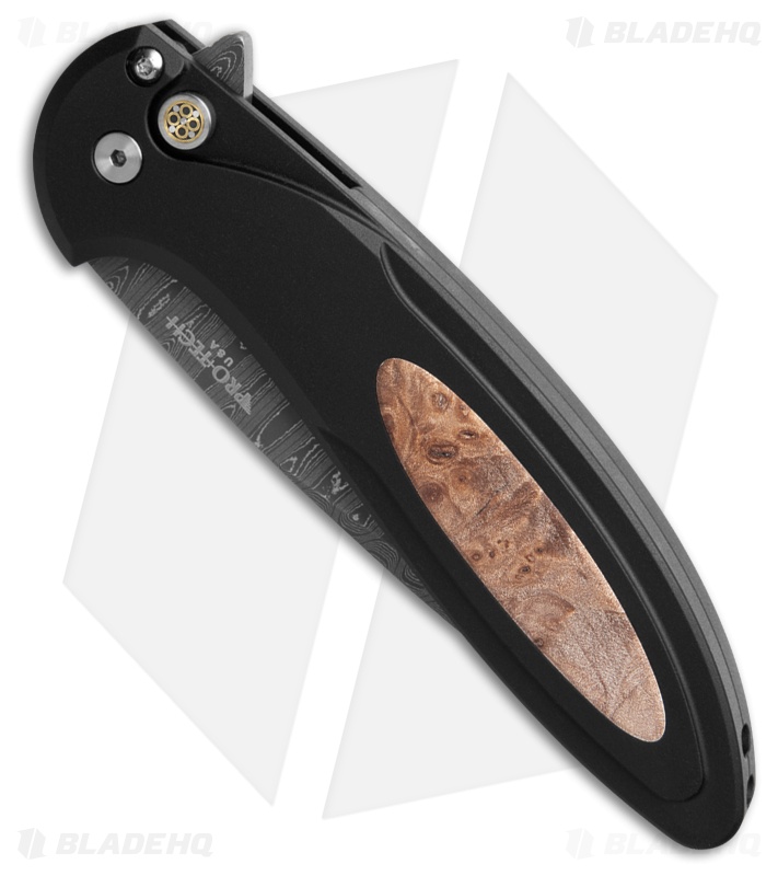 Pro-Tech Custom Cambria Knife Black Aluminum + Maple Burl (3.5" Damascus)