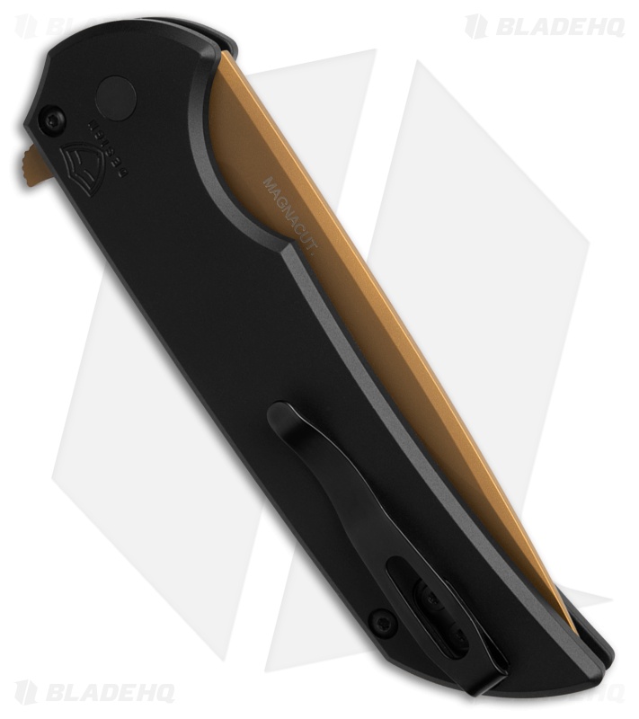 Pro-Tech Mordax Button Lock | Black Aluminum | Tan PVD