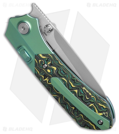 REMETTE RT-Meteor Button + Liner Lock Knife Green Ti/Green CF (3" Pearlescent)