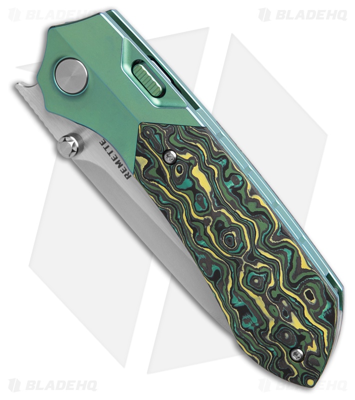 REMETTE RT-Meteor Button + Liner Lock Knife Green Ti/Green CF (3" Pearlescent)
