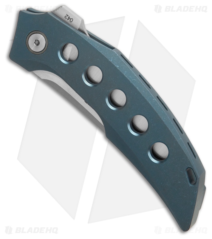 Reate Velocity Frame Lock Knife Blue Titanium With Holes (3" Belt Satin ELMAX)