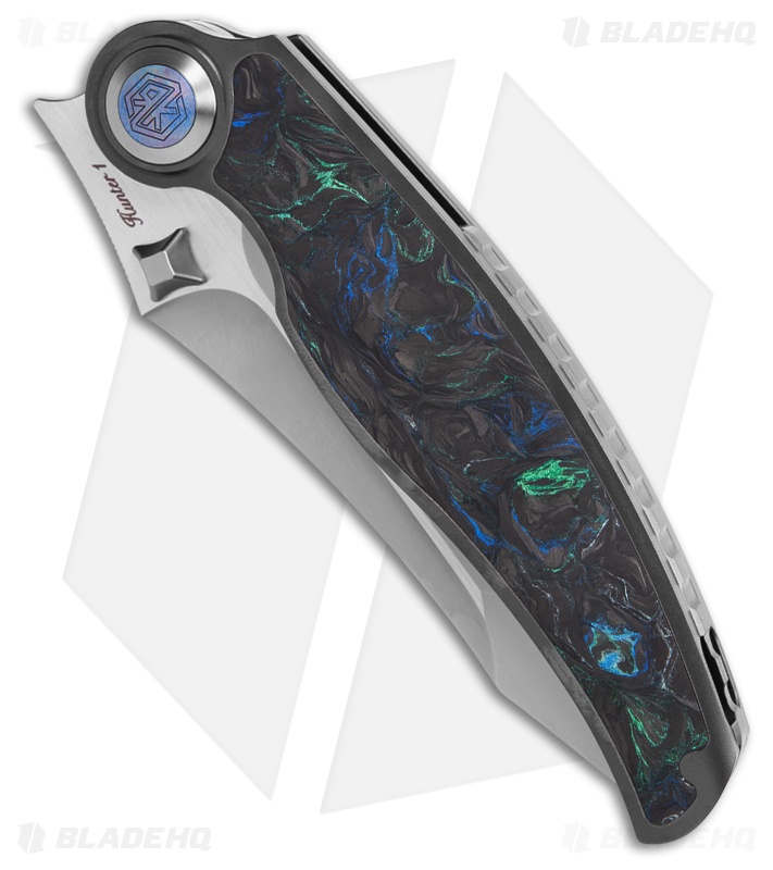 Rike Knife Hunter 1 Linerlock Gray Titanium/Blue/Green Carbon Fiber (3.75" BB)