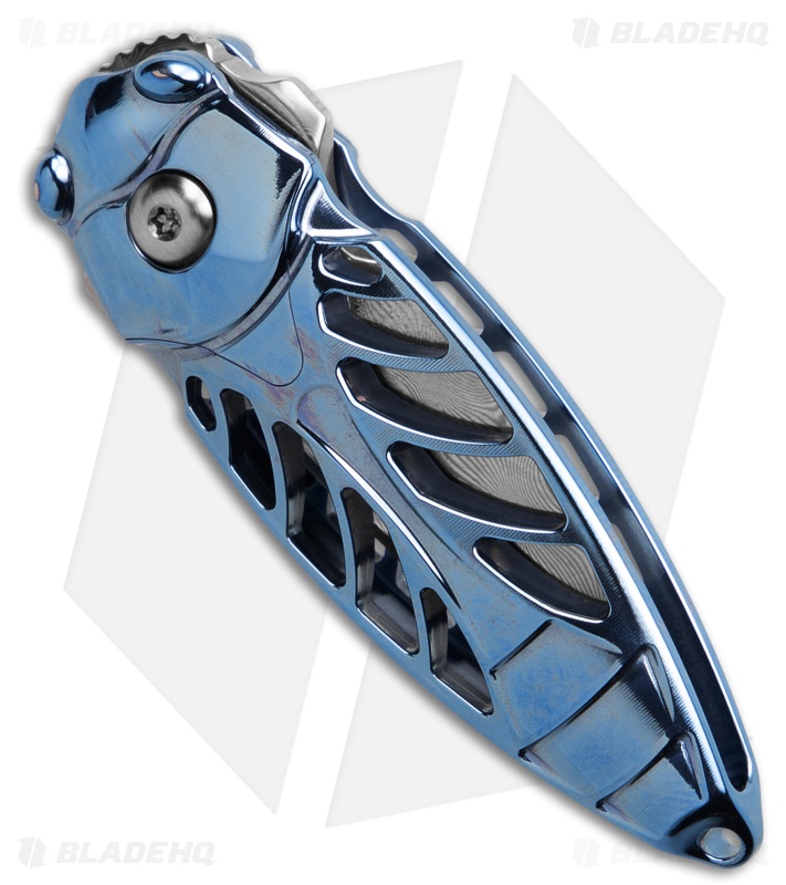 Rike Knife Mini Cicada Button Lock Knife Blue Titanium (1.3" Damascus)