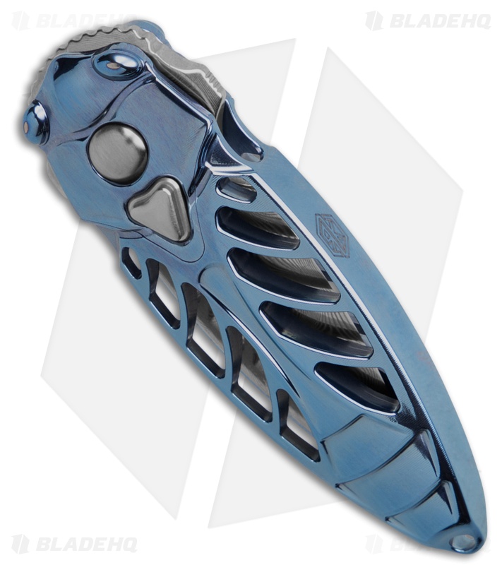Rike Knife Mini Cicada Button Lock Knife Blue Titanium (1.3" Damascus)