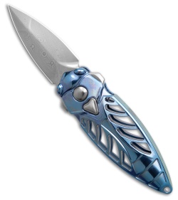 Rike Knife Mini Cicada Button Lock Knife Blue Titanium (1.3" Damascus)