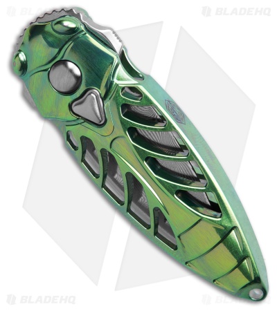Rike Knife Mini Cicada Button Lock Knife Green Titanium (1.3" Damascus)