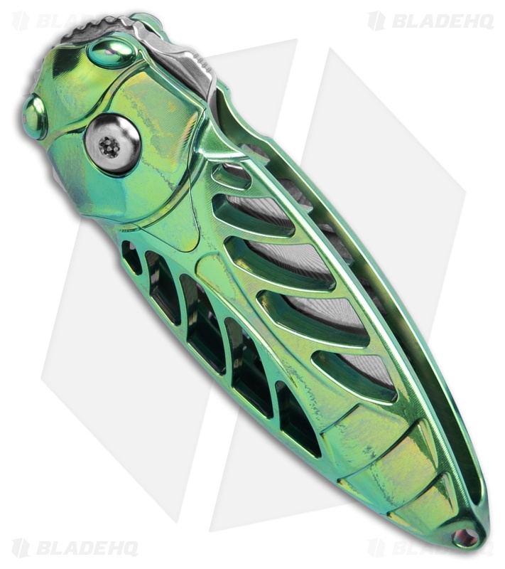 Rike Knife Mini Cicada Button Lock Knife Green Titanium (1.3" Damascus)