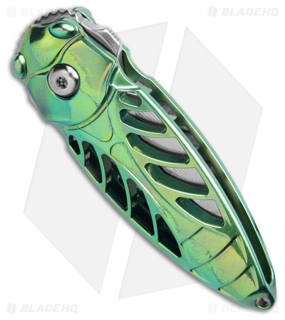 Rike Knife Mini Cicada Button Lock Knife Green Titanium (1.3" Damascus)