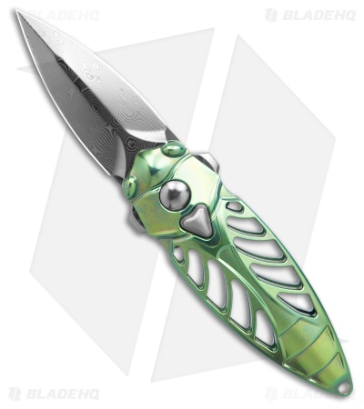 Rike Knife Mini Cicada Button Lock Knife Green Titanium (1.3" Damascus)