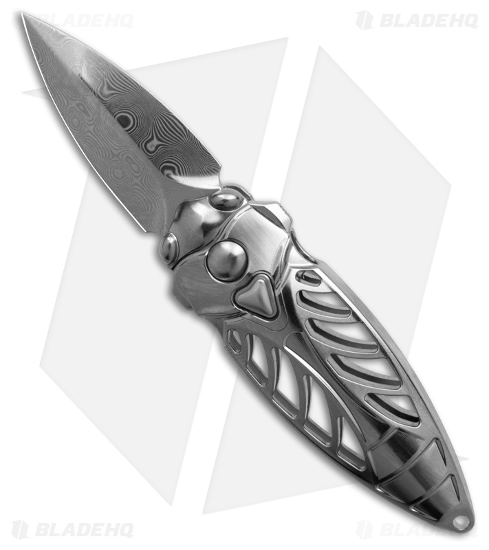 Rike Knife Mini Cicada Button Lock Knife Titanium (1.3" Damascus)