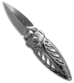 Rike Knife Mini Cicada Button Lock Knife Titanium (1.3" Damascus)