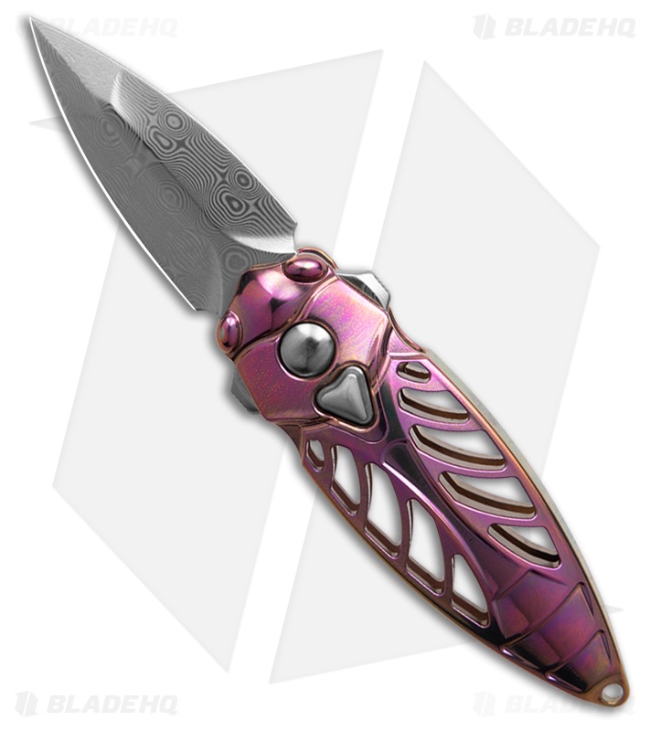 Rike Knife Mini Cicada Flipper Button Lock Pink Titanium (1.25" Damascus)