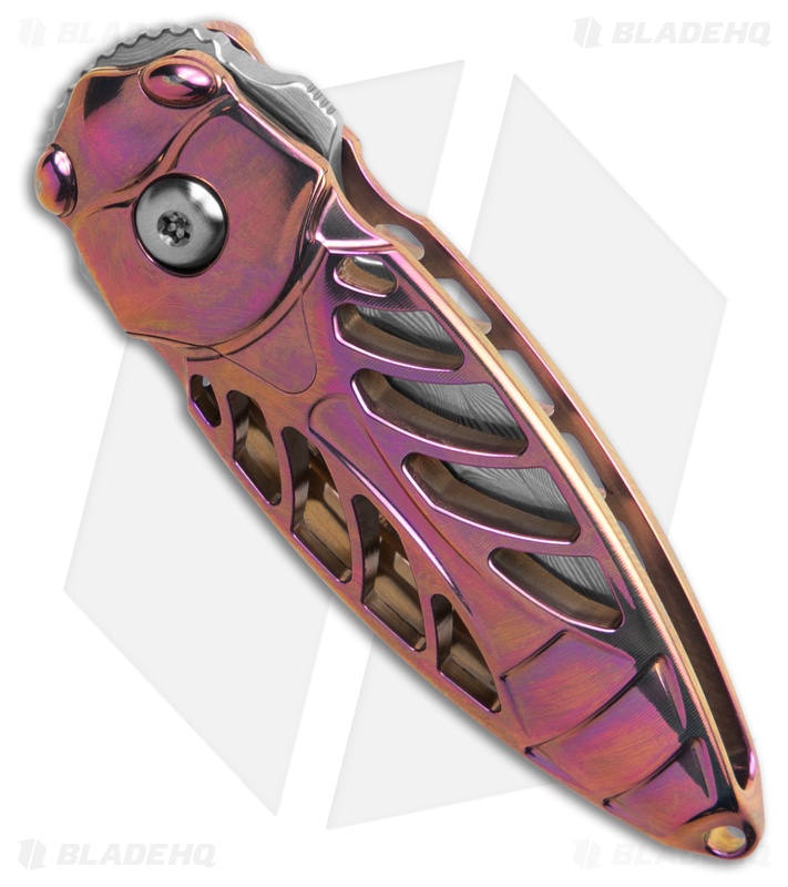 Rike Knife Mini Cicada Flipper Button Lock Pink Titanium (1.25" Damascus)