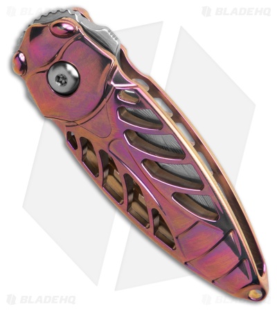 Rike Knife Mini Cicada Flipper Button Lock Pink Titanium (1.25" Damascus)