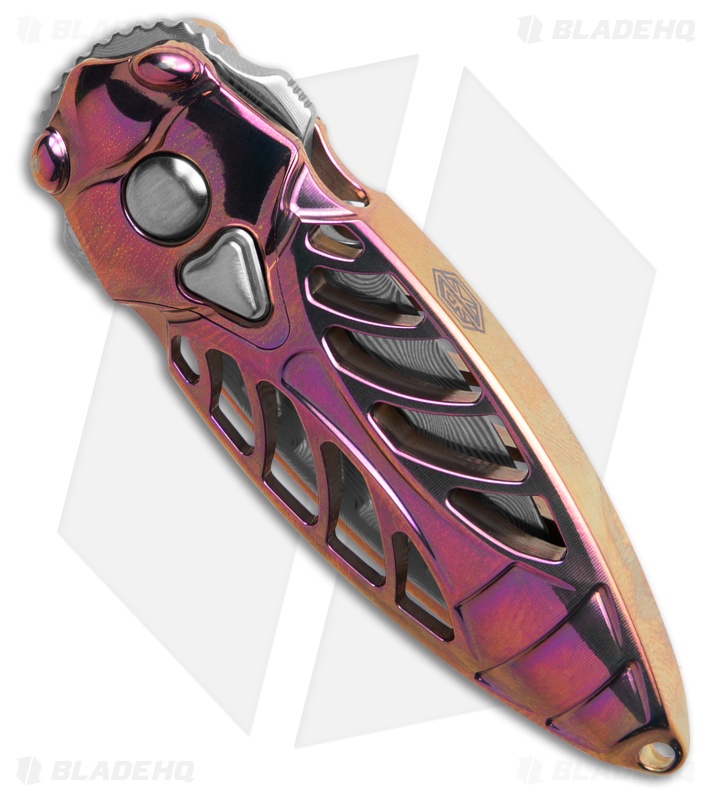 Rike Knife Mini Cicada Flipper Button Lock Pink Titanium (1.25" Damascus)