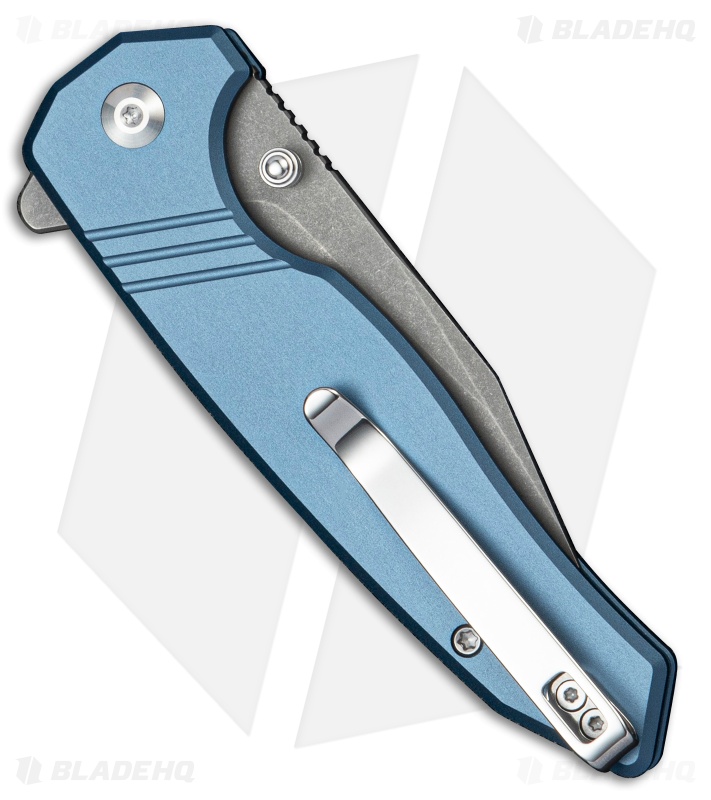 SENCUT Selkyris Button Lock Knife Blue Aluminum (3.4" Gray SW)