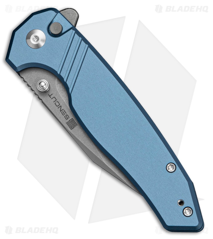 SENCUT Selkyris Button Lock Knife Blue Aluminum (3.4" Gray SW)