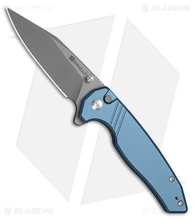 SENCUT Selkyris Button Lock Knife Blue Aluminum (3.4" Gray SW)