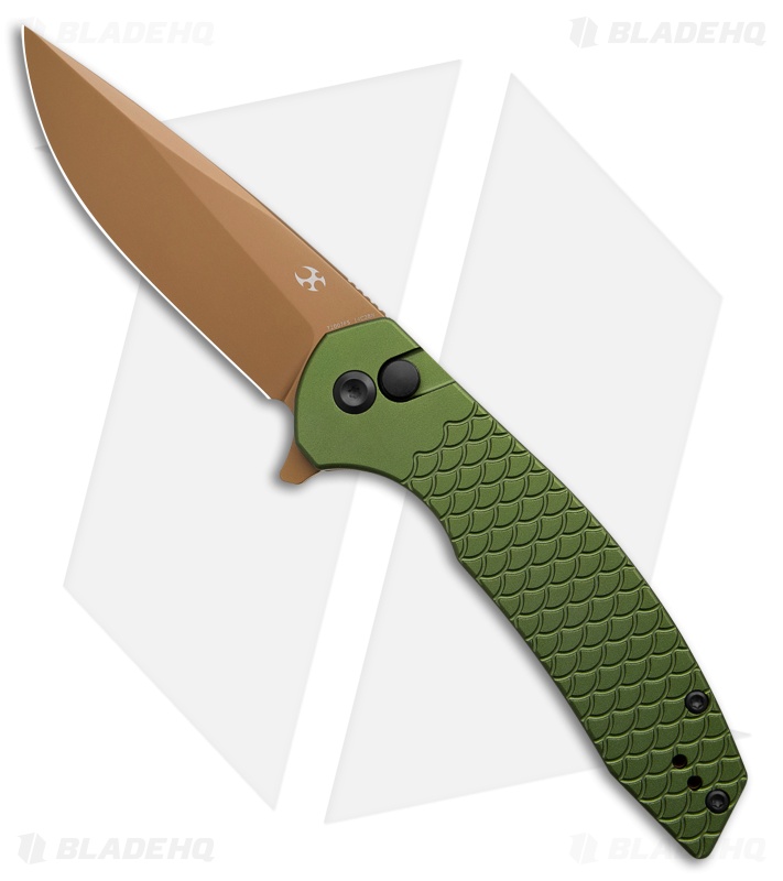 Kansept Knives Accipiter Button Lock Knife Green Fish Scale Al (3.5" Rose Gold)