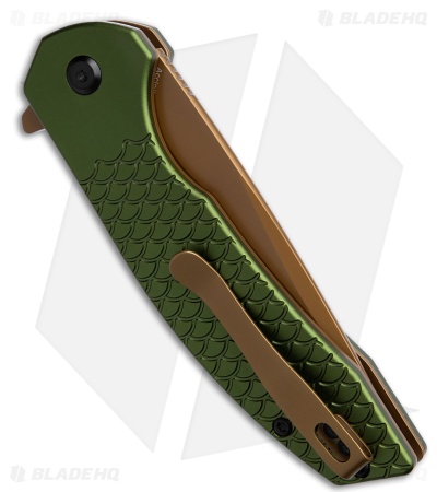 Kansept Knives Accipiter Button Lock Knife Green Fish Scale Al (3.5" Rose Gold)