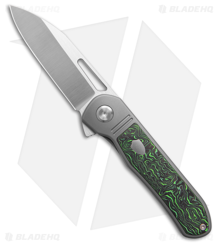 TuyaKnife Mutt Frame Lock Knife Titanium Green Fat Carbon A (3" Stonewashed)