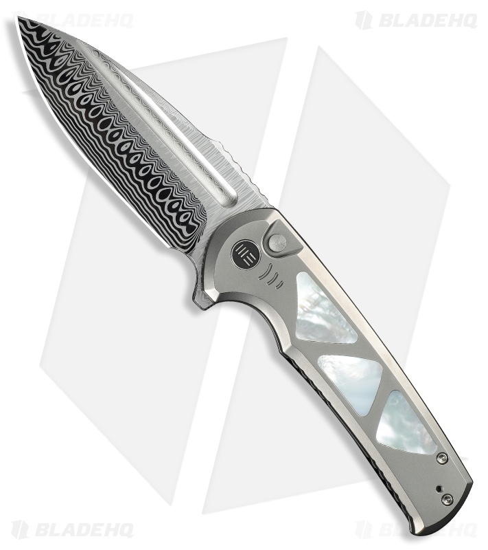 WE Knife Co. Sylox Button Lock Knife Polished/BB Ti + MOP (3.8" Damasteel)