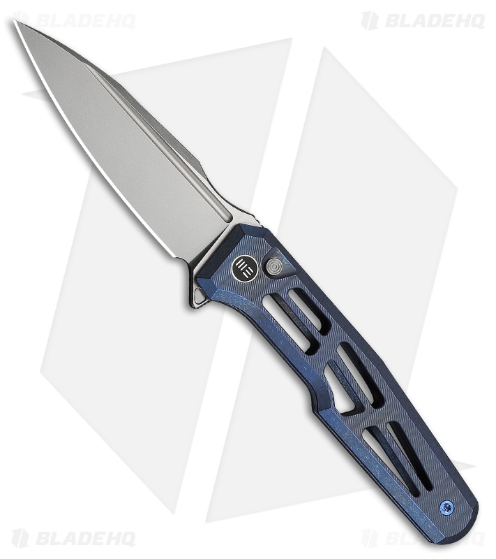 WE Knife Co. Dressytak Button Lock Knife Skeletonized Blue Ti (3.4" Stonewash)