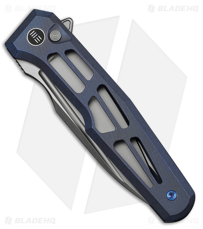 WE Knife Co. Dressytak Button Lock Knife Skeletonized Blue Ti (3.4" Stonewash)