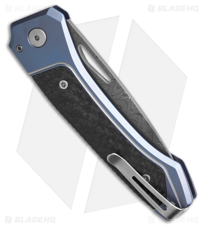 LionSteel Twain Button Lock Knife Blue Titanium/CF (3" Damascus)