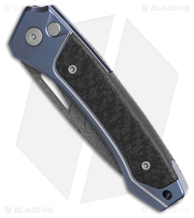 LionSteel Twain Button Lock Knife Blue Titanium/CF (3" Damascus)