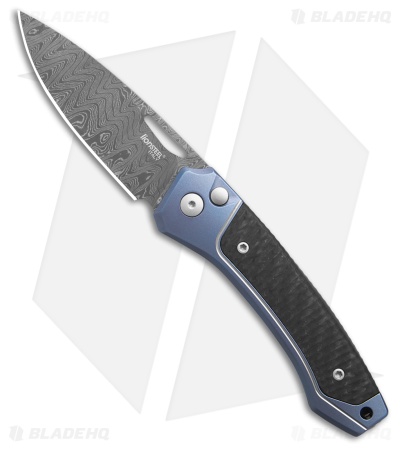 LionSteel Twain Button Lock Knife Blue Titanium/CF (3" Damascus)