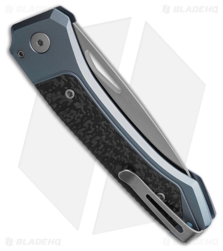 LionSteel Twain MagnaCut Button Lock Knife Blue Titanium/Carbon Fiber (3" Satin)