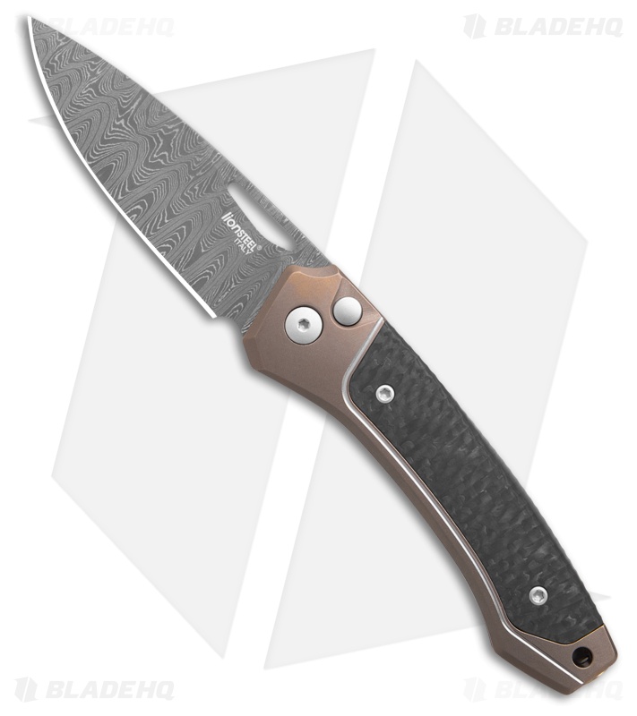 LionSteel Twain Button Lock Knife Bronze Titanium/CF (3" Damascus) *DISC*