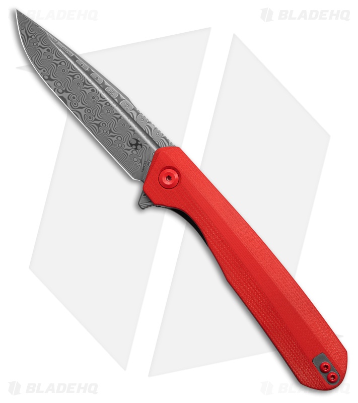 Kansept Knives Qilin Drop Point Liner Lock Knife Red G-10 (3.4" Damascus)