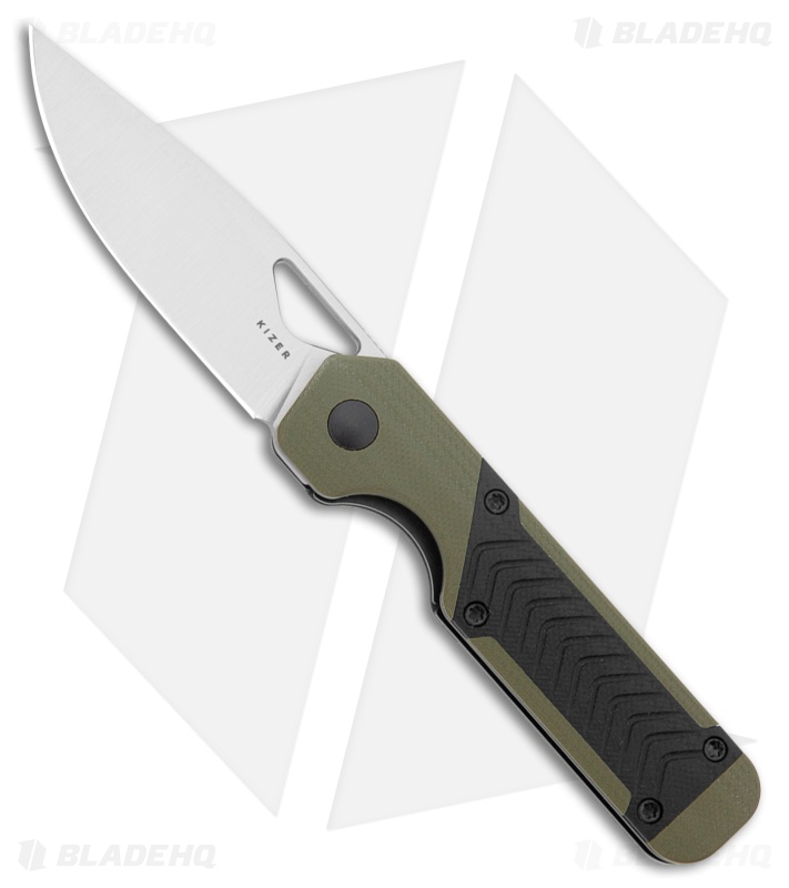 Kizer Mini Militaw Liner Lock Knife Green + Black Geometric G-10 (2.8" Satin)