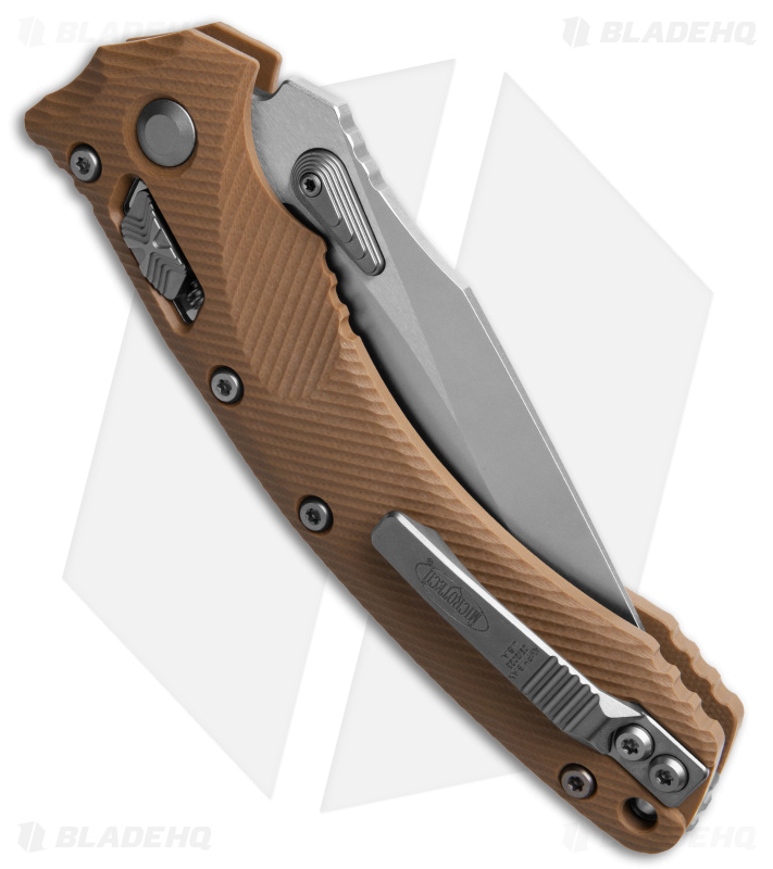 Microtech Amphibian Ram-Lok S/E Manual Knife Fluted Tan G-10 (3.9" Stonewash)