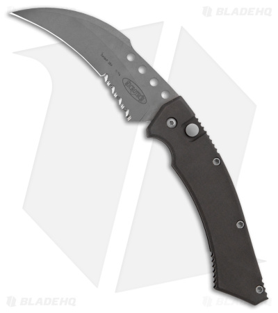 Microtech Hawk Automatic Knife Blk Al Serr ATS-34 - Blade HQ