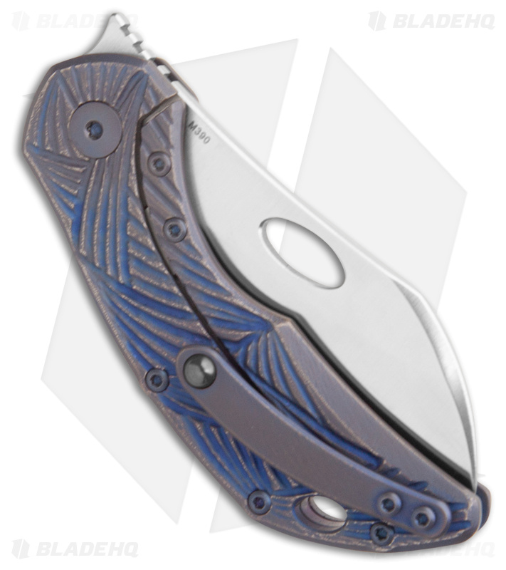 Olamic Cutlery Busker Largo Knife Hand Carved Blue Titanium (2.5" Satin)